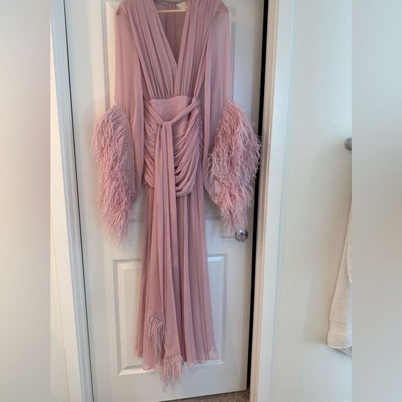 NWOT BRONX AND BANCO Geisha Pink Maxi Dress Feathered Gown | Retail $1100 - Picture 7 of 16